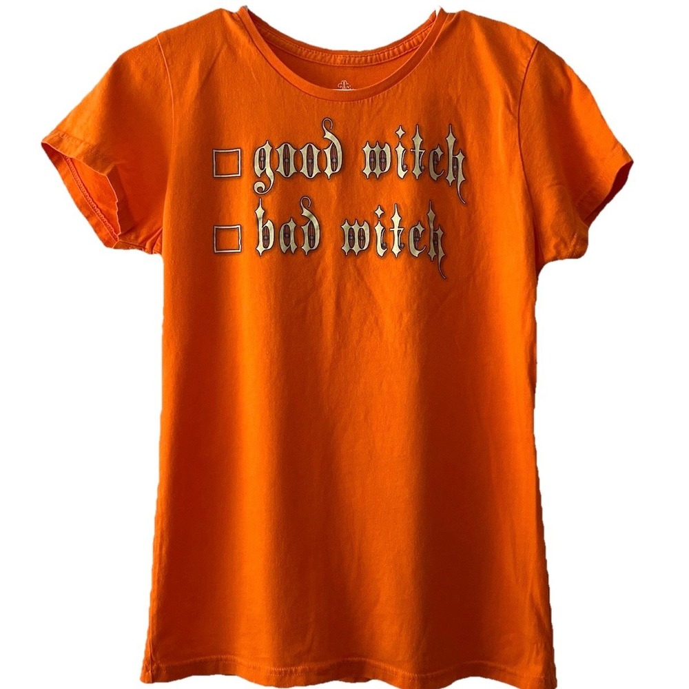 Women's Halloween T-Shirt Sz M Orange Good Witch Bad Witch Check‎ Box Cap Sleeve